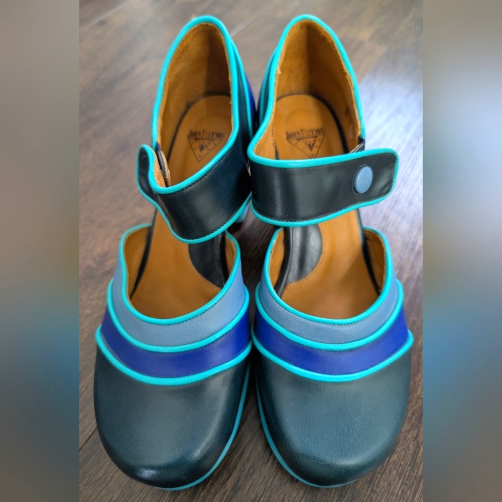 John Fluevog Blue and Navy Sam Mary Jane Heel